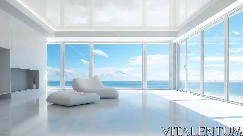 Minimalist oceanfront interior with panoramic glazing system.