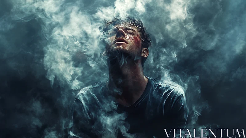 Backlit male figure emerges through volumetric swirling smoke field