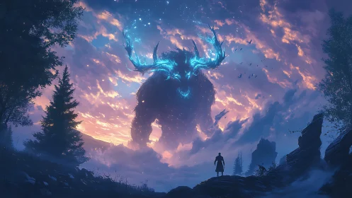 Colossal blue spirit stag confronts lone wanderer at dusk
