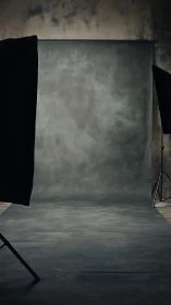 Studio backdrop occupies central frame between light stands