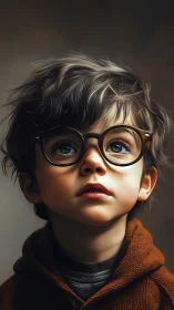 Child wearing round spectacles with tousled dark hair and rust-colored hoodie.