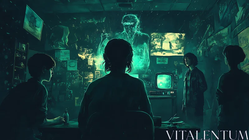 Teen investigators watch eerie green ghost over monitor.