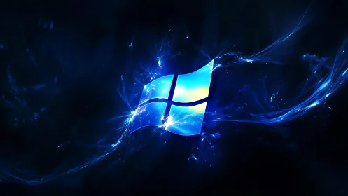Glowing blue window logo drifting in a dreamy cosmic swirl.