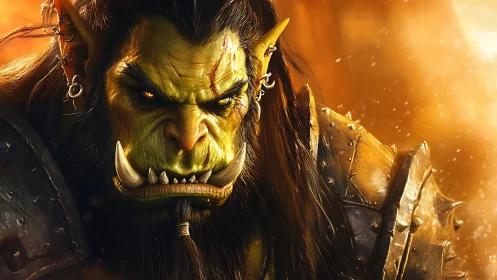 Battle-scarred orc warlord under molten backlight portrait.