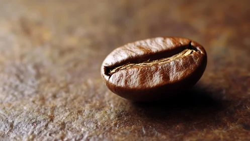 Single roasted coffee bean on rustic textured surface.