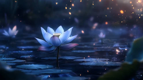 Mystic blue lotus glowing over twilight pond surface.