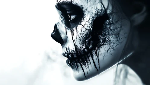 Side profile skull mask merges with branching black veins