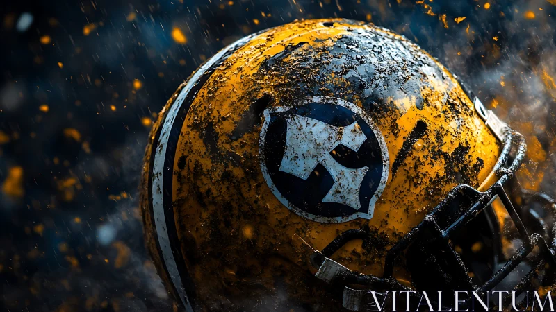 Yellow football helmet displays weathered surface and debris