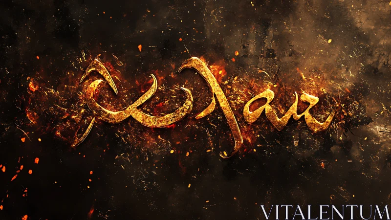 Gold calligraphic text with fiery particles on dark field.