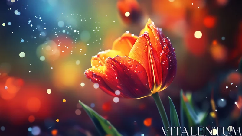Red and yellow tulip with water droplets and bokeh background.