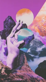 Surreal digital collage of hand, twin suns, and neon mountains.