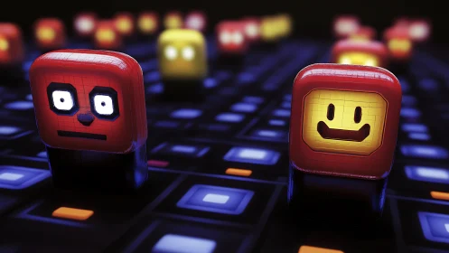 Contrasting emoticon cubes on neon-lit digital gridscape.