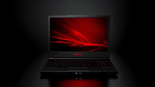 Front-facing black laptop with red display on dark background.