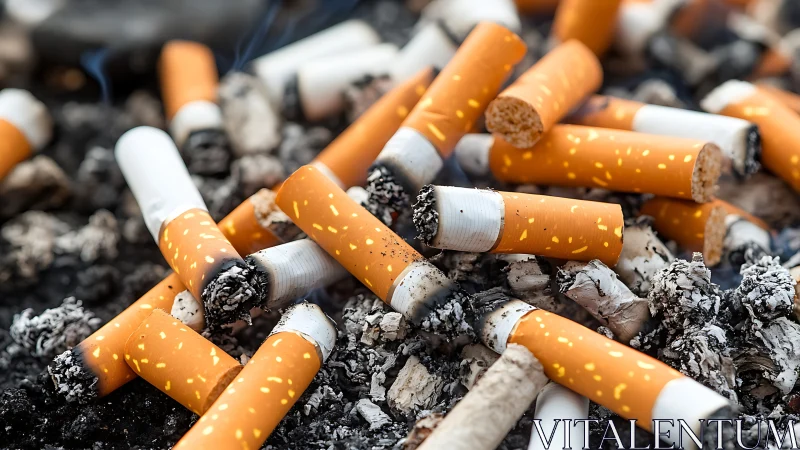 Macro close-up of smoked cigarette butts in dense ash bed