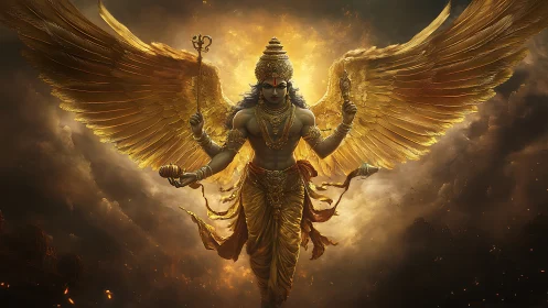 Winged divine figure in golden armor against stormy sky.