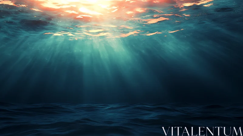Sunlit underwater seascape with deep blue ocean surface.