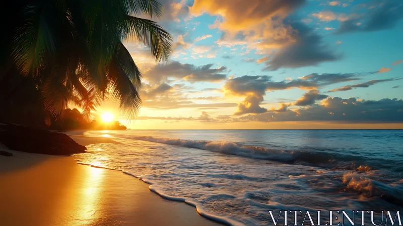 Golden sunset kisses tranquil tropical beach shoreline