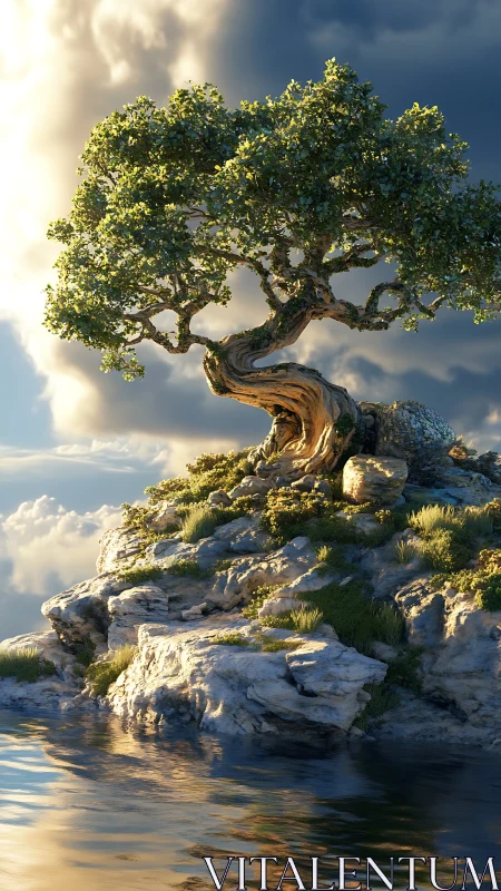 Solitary windswept tree bends toward light above calm water