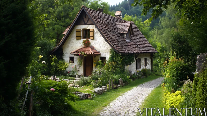 Storybook cottage nestles in lush garden along cobbled lane.