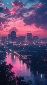 Neon-lit riverside skyline under magenta cyan gradient dusk sky