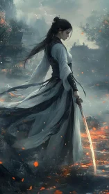 Stoic warrior woman with sword in burning misty field.