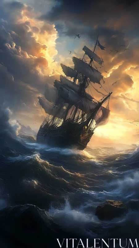 Storm-tossed sailing ship chasing light through wild seas.