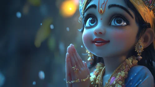 Child deity character renders with detailed jewelry and glow