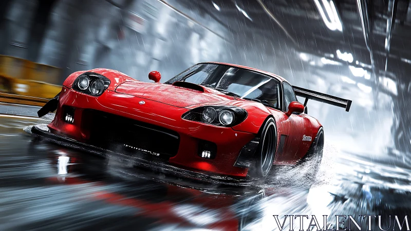 Red street racer slicing through rainy neon city night.