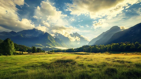 Sunlit alpine valley under dramatic mountain clouds.