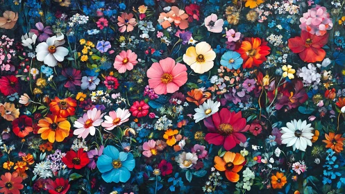 Dense floral arrangement with varied botanical specimens on dark background.