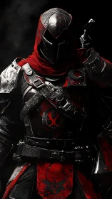 Mysterious red‑scarved knight standing in shadowed armor.