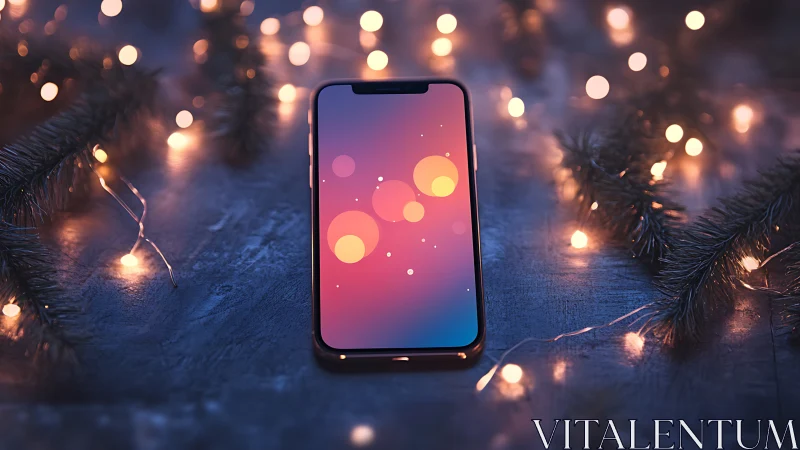 Smartphone rests among warm holiday lights on dark table