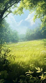 Sunlit meadow interior renders layered atmospheric depth