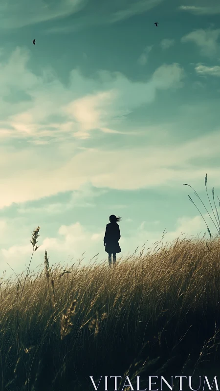 Solitary figure on windblown hillside under expansive sky