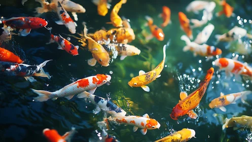 Colorful koi carp swirl through sunlit pond water surface.