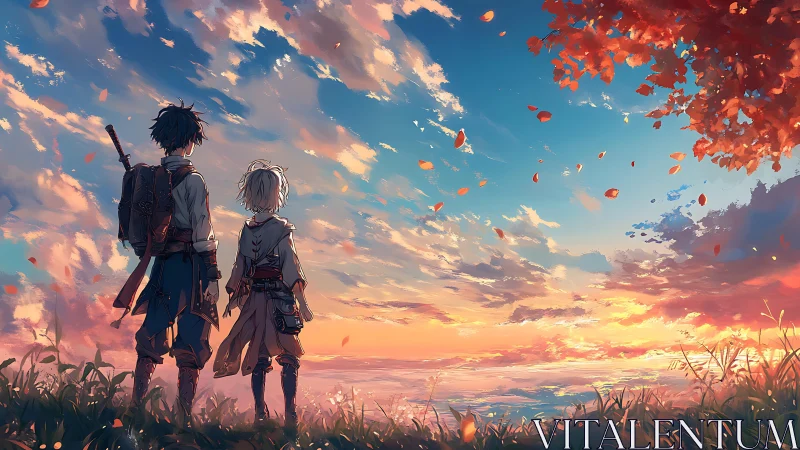 Anime landscape tableau with adventurers at sunset horizon.