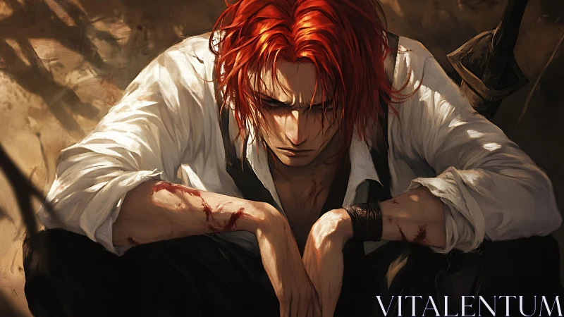 Battle-worn red haired warrior resting in shadowed dust.