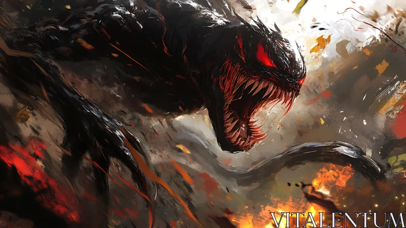 Predatory black creature lunges through chaotic flames with dynamic motion blur