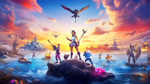 Hero squad dominates flooded neon battle islands at sunset.