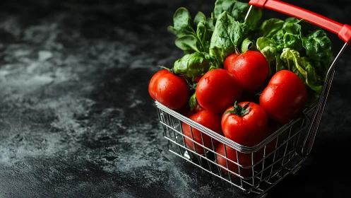 Basket of ripe tomatoes and leafy greens sits on dark surface