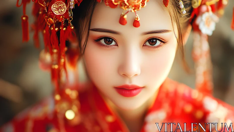 Digital portrait of woman in ornate red ceremonial headdress.