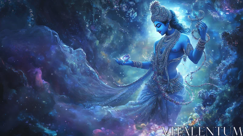 Celestial blue deity dances gently through glowing cosmic seas