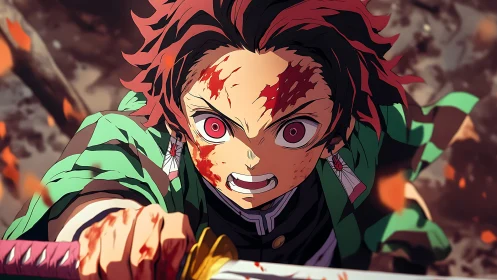 Bloodied swordsman in green haori lunging forward in battle.