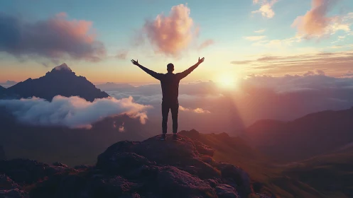 Silhouette on mountain peak greets a radiant sunrise sky.