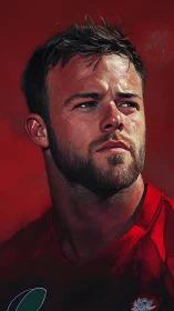 Rugby player portrait in dynamic red digital painting.