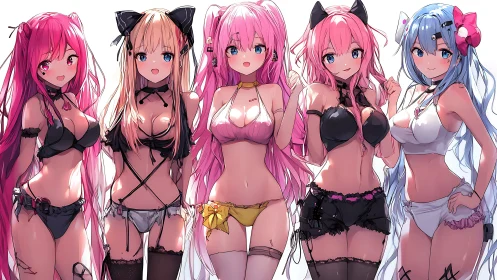 Five stylized anime women in coordinated lingerie outfits.