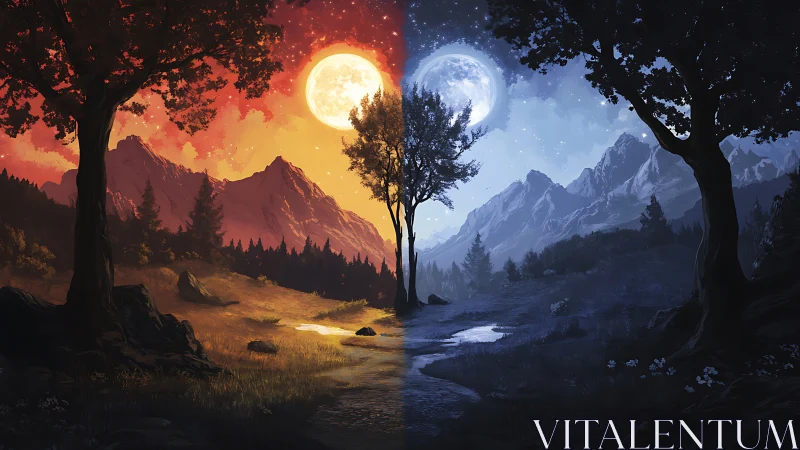 Dual moonlit valley contrasts blazing dusk with icy night
