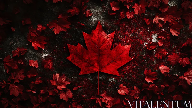 Crimson maple emblem glowing loud against storm-dark ground.