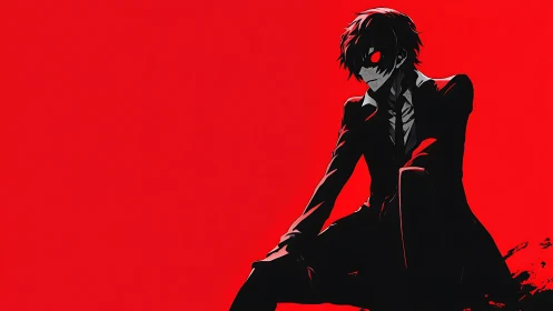 Shadowed anime antihero broods against vivid red void