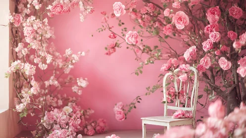 White wooden chair amid dense pink flowering branches.